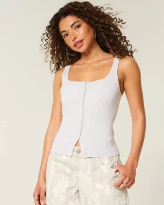 Ribbed Button-Through Neliömäinen Neck Tank