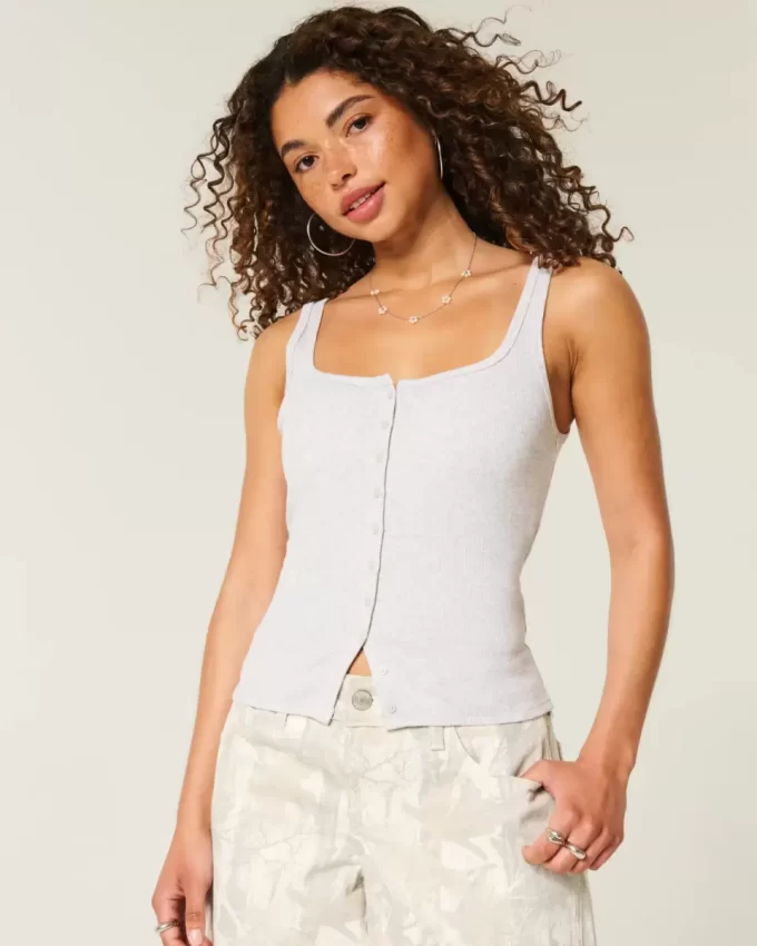 Ribbed Button-Through Neliömäinen Neck Tank Ribbed Button-Through Neliömäinen Neck Tank