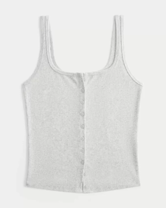 Ribbed Button-Through Neliömäinen Neck Tank Ribbed Button-Through Neliömäinen Neck Tank