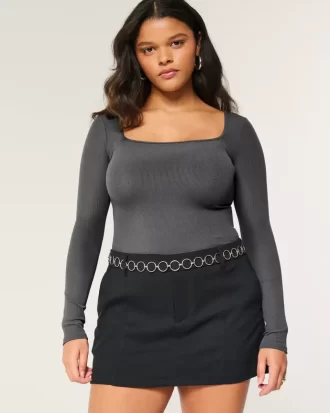 Ribbed Saumaton Kangas Neliönmuotoinen Bodysuit