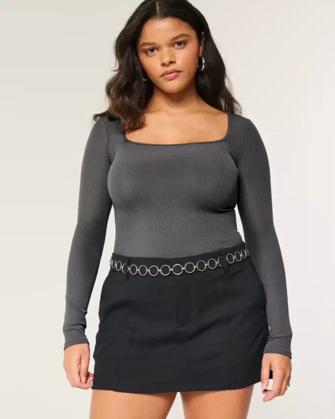 Ribbed Saumaton Kangas Neliönmuotoinen Bodysuit