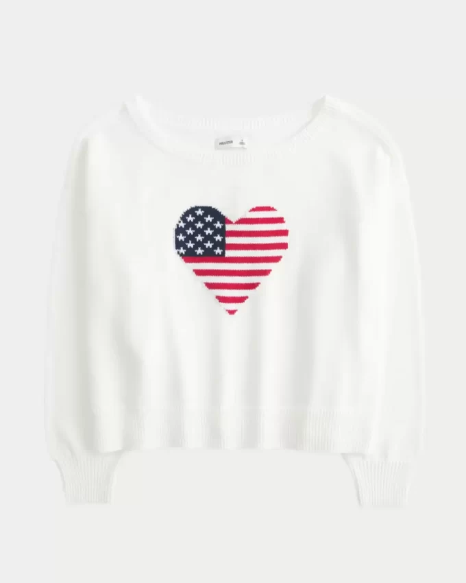Slouchy Off-the-Shoulder Flag Heart Graphic -villapaita Slouchy Off-the-Shoulder Flag Heart Graphic -villapaita