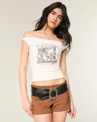 Twisted Off-the-Shoulder Velvet Valley Graphic T-paita