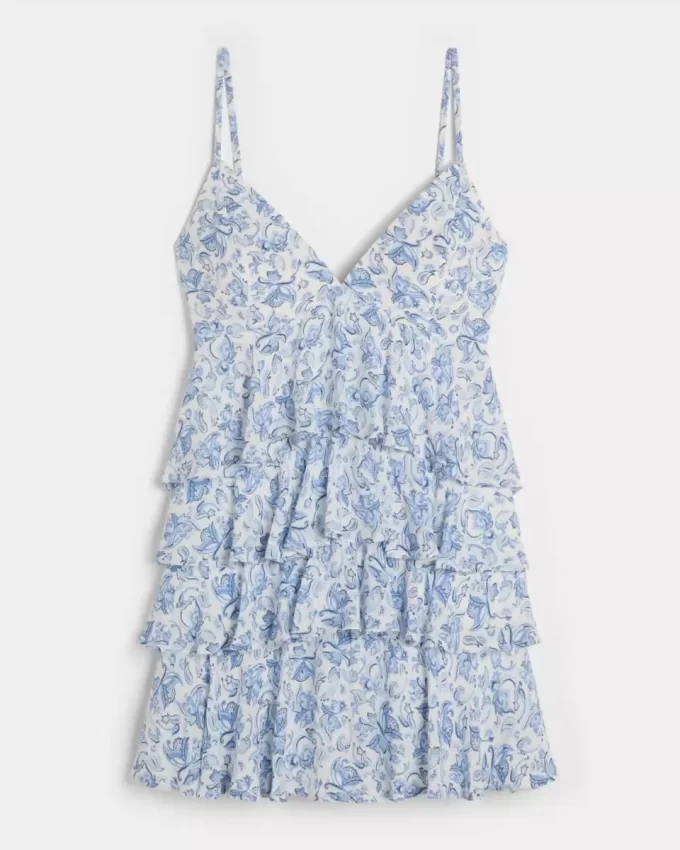V-kaula-aukkoinen röyhelöinen Babydoll-minimekko V-kaula-aukkoinen röyhelöinen Babydoll-minimekko
