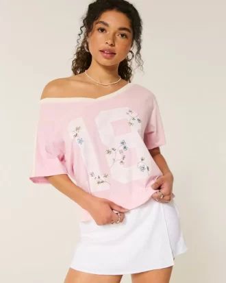 Ylisuuri off-the-shoulder Varsity -kukkagrafiikkapaita